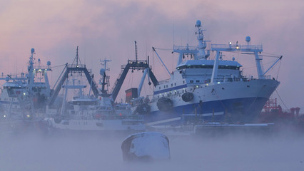 Early in the morning at dawn in the fog fishing ships are in the port of Petropavlovsk Kamchatsky