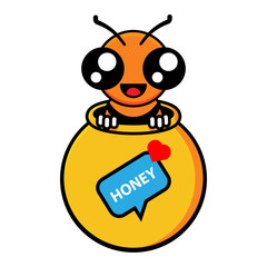 Adorable honey bee hiding on the honey jar, good for honey mascot product for children, Cartoon Vector;