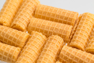 Waffle tubes, fresh confectionery close-up