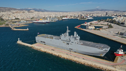 Aerial drone photo of famous French helicopter  battleship called "Dixmude" docked in port of Piraeus, Attica, Greece