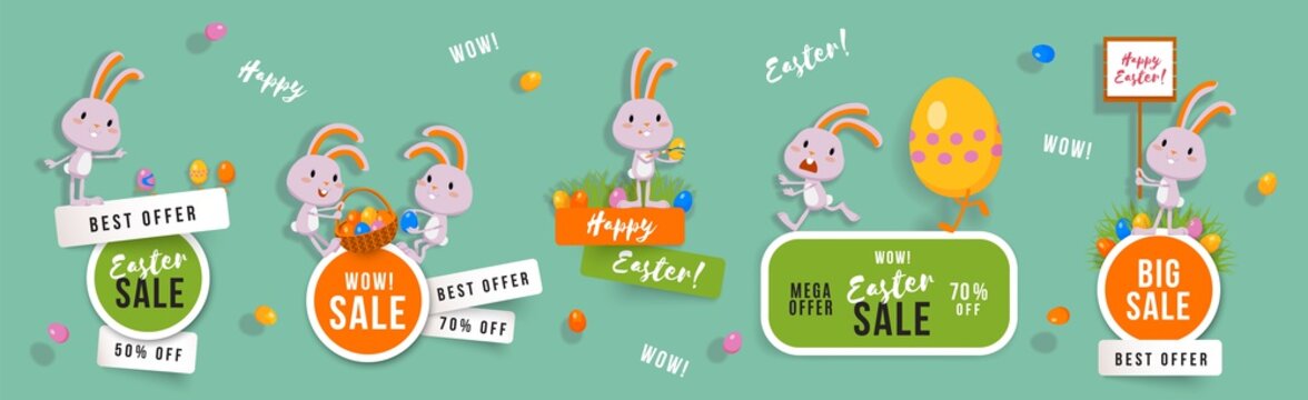Easter sale set of banners with cute bunnies and easter eggs