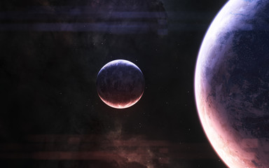 Planets of deep space in light of red and blue stars. Science fiction. Elements of this image...