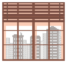 Wide window with wooden planks and clear glass showing view on modern city. Cityscape with skyscraper and high rises of town. Business center with buildings and apartments. Metropolis vector