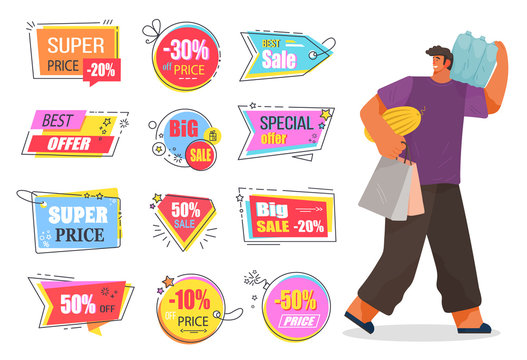Person walking with food bought in supermarket. Collection of isolated promotional banners with sales and discounts for shoppers. Shops and stores coupons and clearance reductions of price. Sale time