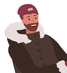 Happy adult male wearing warm hat and jacket with fur for cold season. Smiling man cartoon character closeup view in down jacket with hood. Person with beard in winter clothes portrait vector