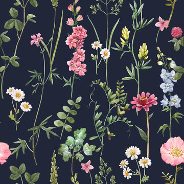 Beautiful floral summer seamless pattern with watercolor hand drawn field wild flowers. Stock illustration.