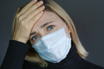 Sick woman wear a medical face mask against virus and protecting herself. Self protection. Dislike sign.