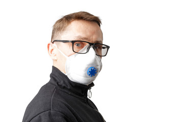 Closeup portrait of a man with glasses and a protective mask isolated on white. Copyspace.