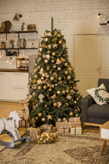Christmas interior with elegant Christmas tree and rocking horse