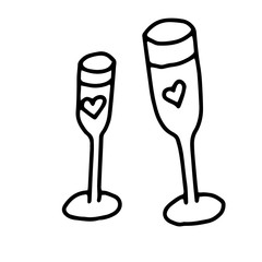 Two glasses of champagne or wine with a heart.Hand drawing with a line.Doodles.Romance, Valentine's day, new year, Christmas.Black and white image.Vector