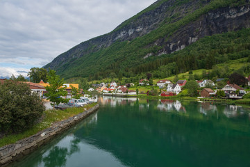 Fototapeta premium Oldedalen valley - one of the most spectacular areas of natural beauty in Norway. Town Stryn and river Strynselva. July 2019