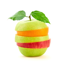 Stack of fresh fruits slices, apple, orange. Colorful healthy vitamin fitness creative fun food concept. Organic raw mixed green apple, fruit for juice vitamins or smoothie isolated on white