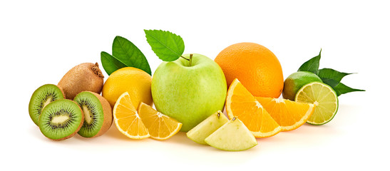 Fresh fruits healthy diet concept. Raw mixed vegan juicy food background, green apple, orange...