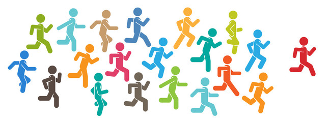 Pictogram vector illustration of running men in motion. People runner race, training to marathon and jogging. Healthy sport life.