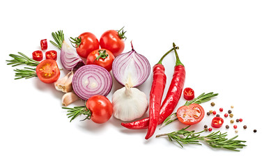 Fresh vegetables and herbs collection, cherry tomato, hot pepper, garlic. Healthy eating prepare...
