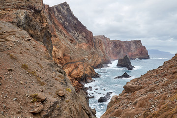 Shot of the rocky coastline in Ponta de Sao Lourenco in Madeira, Portugal