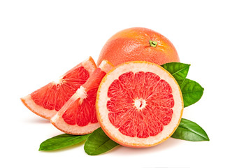 Grapefruit fruit, slices, leaves isolated on white. Juicy healthy vitamin C clean eating food....