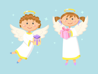 Angelic creatures with presents vector, kids with gifts in decorated boxes. Children boy and girl wearing long white robes, characters with halo above
