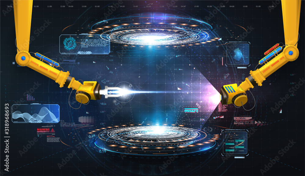 Fototapete Industrial technology concept. Futuristic circle vector HUD, GUI, UI interface screen design. Abstract style on blue background. Factory automation. Smart factory. Design innovation concept background