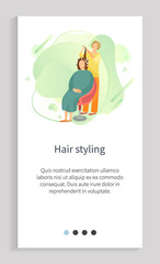 Hairdresser twisting hair on curlers, woman sitting on chair, portrait view of salon worker holding roller, headdress and beauty equipment vector. Website slider app template, landing page flat style