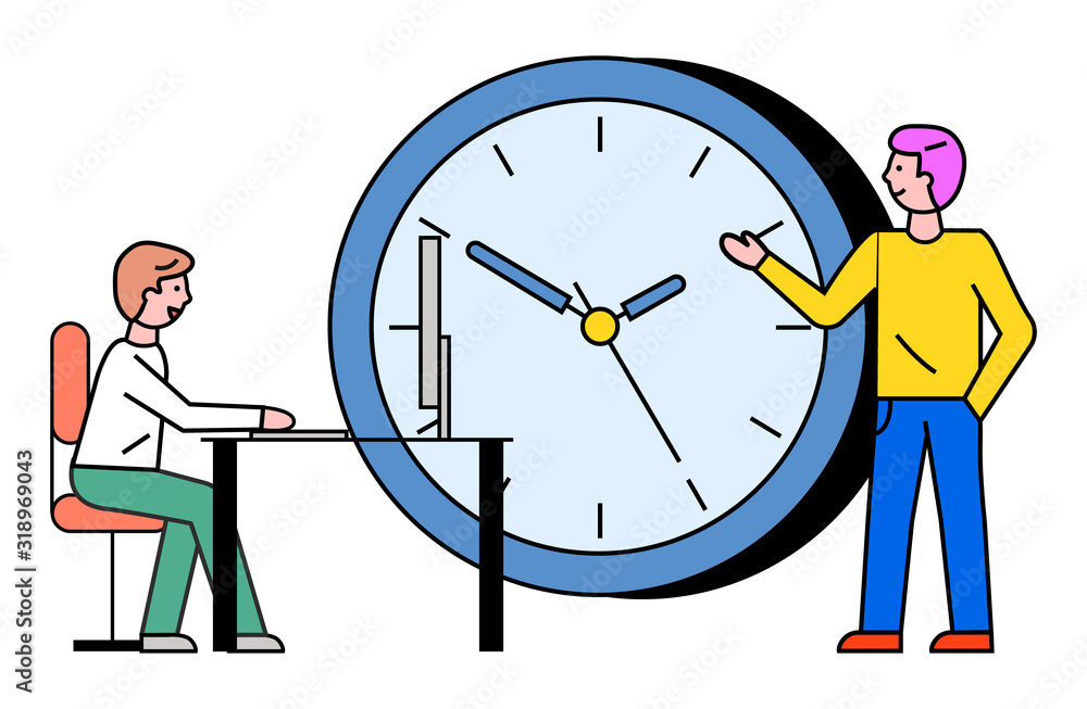 Poster employer and employee working deadlines. people at job using personal computer to cope with tasks. b