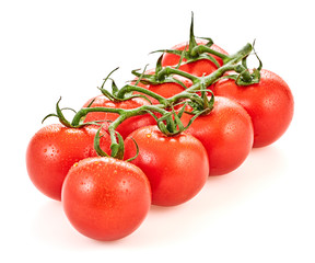 Tomato cherry branch, cooking concept. Fresh, organic tomato, isolated on white. Healthy vitamin vegetables, vegan diet food condiment. Raw tasty cherry tomatoes.