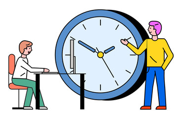 Employer and employee working deadlines. People at job using personal computer to cope with tasks. Boss and worker with laptop. Big clock symbolizing organizational. Line characters, vector in flat