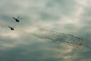 Military helicopter fired anti-armor missiles at sunset