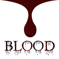 Red blood drop, icon in flat design. Vector illustration with text 