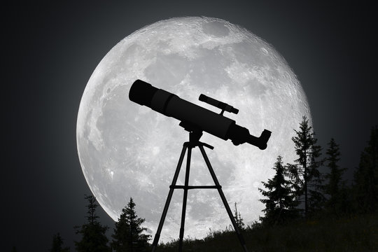 Silhouette of telescope and big moon in background. Astronomy and exploration of universe concept.