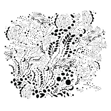 Spiritual graphic illustration with floral and natural elements. Black white arty vector. Hand drawn delicate organic pattern. Ornate motif greeting card, art print poster, wallpaper