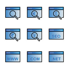 Web and seo icon set include seo, search, magnifier, web, euro, dollar, rupee, yen, optimization, browser, link, browsing, data
