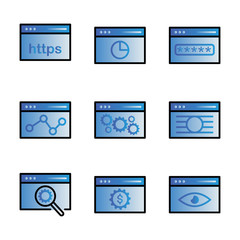 Web and seo icon set include link, web, seo, browsing, chart, research, password, security, finance, setting, gear, report, data, search, dollar, eye