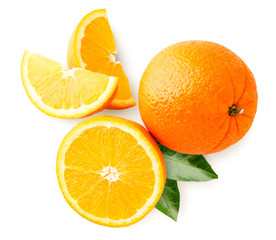 Ripe orange with half, slices and leaves on a white background. Isolated