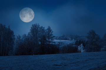 Night Winter Dark Landscape with Frozen Fields and Moon on Sky