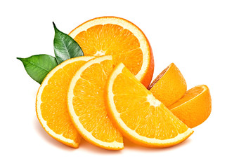 Orange fruit, slices, leaves isolated on white. Juicy healthy vitamin C food. Organic whole, cut citrus fruits for orange juice, clipping path. Fresh oranges, full depth of field