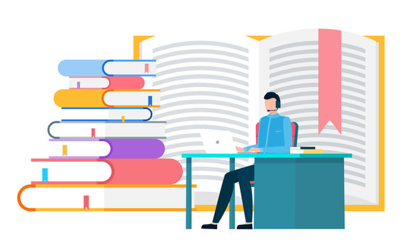 Man sit on chair by table in office alone. Person working on laptop, learning educational materials. Guy with big hardcover books on background. Vector illustration of stack of textbooks in flat style