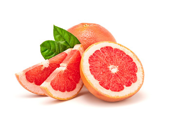 Grapefruit fruit, slices, leaves isolated on white. Juicy healthy vitamin C vegan, weight loss food. Organic whole, cut citrus fruits for grapefruit juice, clipping path. Full depth of field