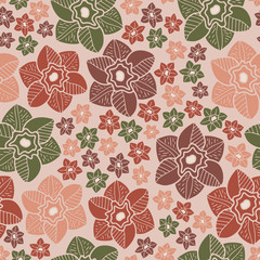 Vector floral pattern in pink and green. Simple doodle big and small flowers made into toss repeat. Great for background, wallpaper, wrapping paper, packaging, fashion.