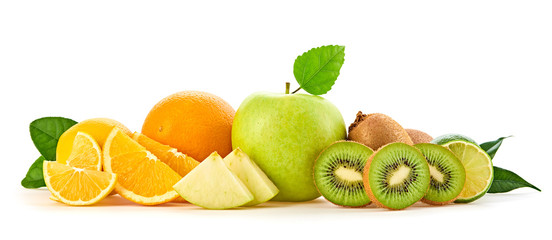 Fresh fruits healthy diet concept. Raw mixed vegan juicy food background, green apple, orange...