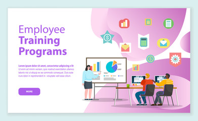Employee training programs, female character teaching workers. Improvement of skills and knowledge base of personages of company. Website or webpage template, landing page, vector in flat style