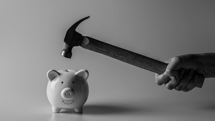 hammer smashing a piggy bank on the desk. - destruction of currency concept.