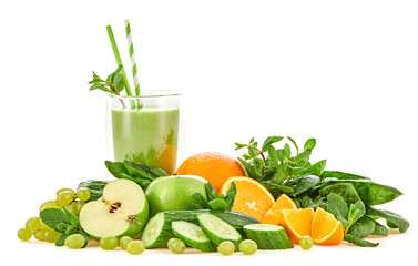 Freshly blended green fruit smoothie in glass, healthy vitamin food concept. Raw fresh vitamins, breakfast fruits veg smoothie drink with spinach, apple isolated on white.