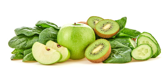 Fresh fruits vegetables healthy eating diet set. Raw mixed vegan juicy food vitamin background, green apple, kiwi, spinach, cucumber isolated on white. Detox veg green concept