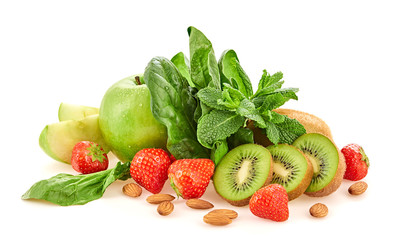 Fresh fruits healthy diet concept. Raw mixed vegan juicy food background, green apple, spinach isolated on white. Variety of fresh green fruit berries for juice or smoothie.