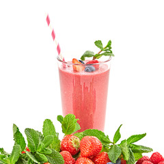Berry fruits detox fresh smoothie. Colorfull healthy eating diet concept. Raw mixed red berries smoothie food background. Creative strawberry, raspberry, blueberry smoothies isolated on white