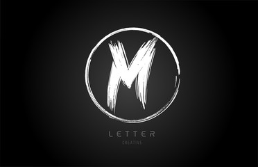 grunge M brush stroke letter alphabet logo icon design template in black and white for business