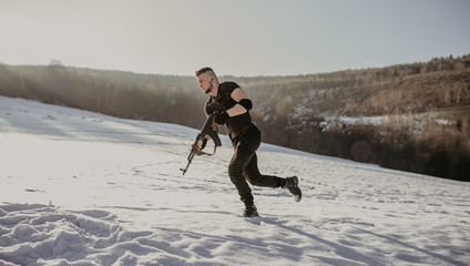 special forces soldiers with weapon take part in military maneuver. war, army, technology and army...