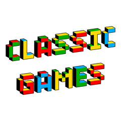 Classic games text in style of old 8-bit video games. Vibrant colorful 3D Pixel Letters. Creative digital vector poster template. Vintage arcade platformer, computer program screen Gaming concept