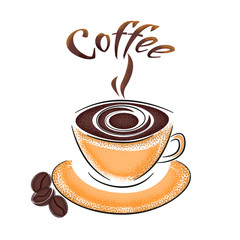 Obraz premium Abstract retro style. A cup of natural boiled coffee with coffee grains. Grunge design, sketch, hand-drawn. Can be used as web and print, poster, signboard.